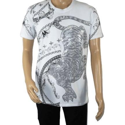 Mens PLATINI Sports Shirt With Rhine Stones Lion Chain STT8023 White - J.Valintin Men's Wear Legend - 92035