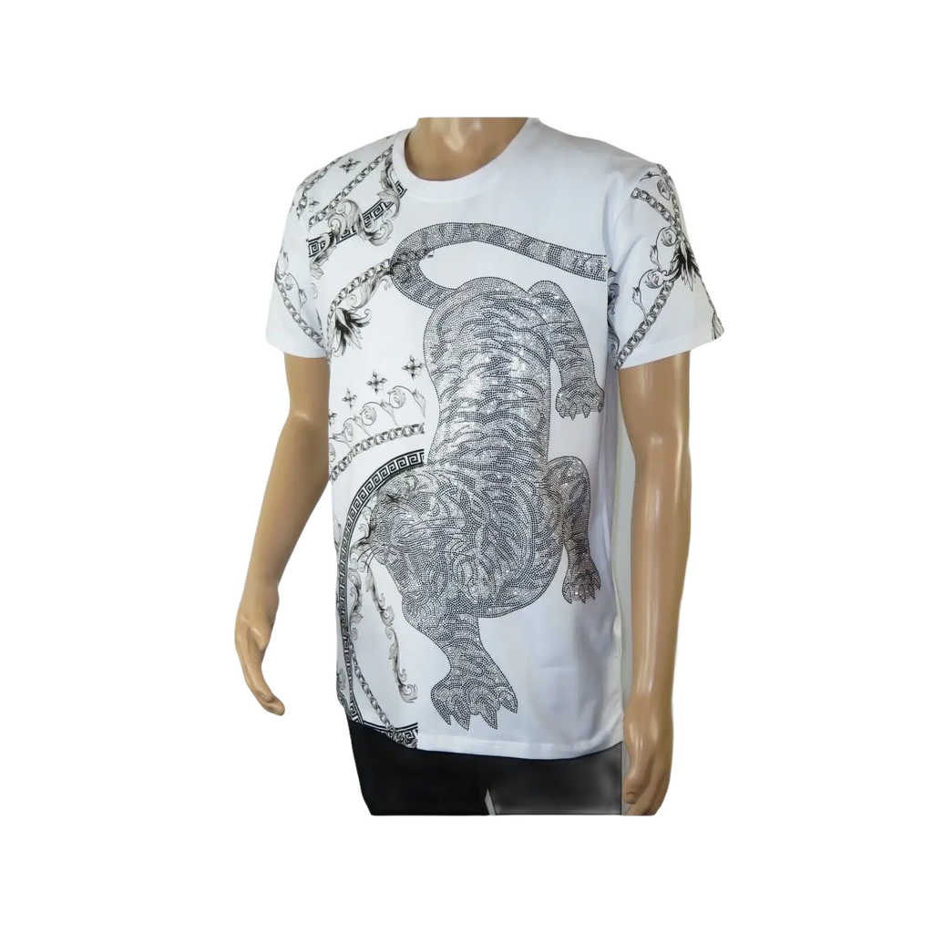 Mens PLATINI Sports Shirt With Rhine Stones Lion Chain STT8023 White - J.Valintin Men's Wear Legend - 92035