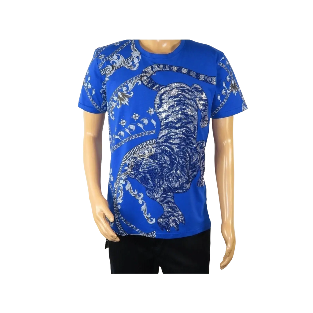 Mens PLATINI Sports Shirt With Rhine Stones Lion Chain STT8025 Royal Blue - J.Valintin Men's Wear Legend - 92055