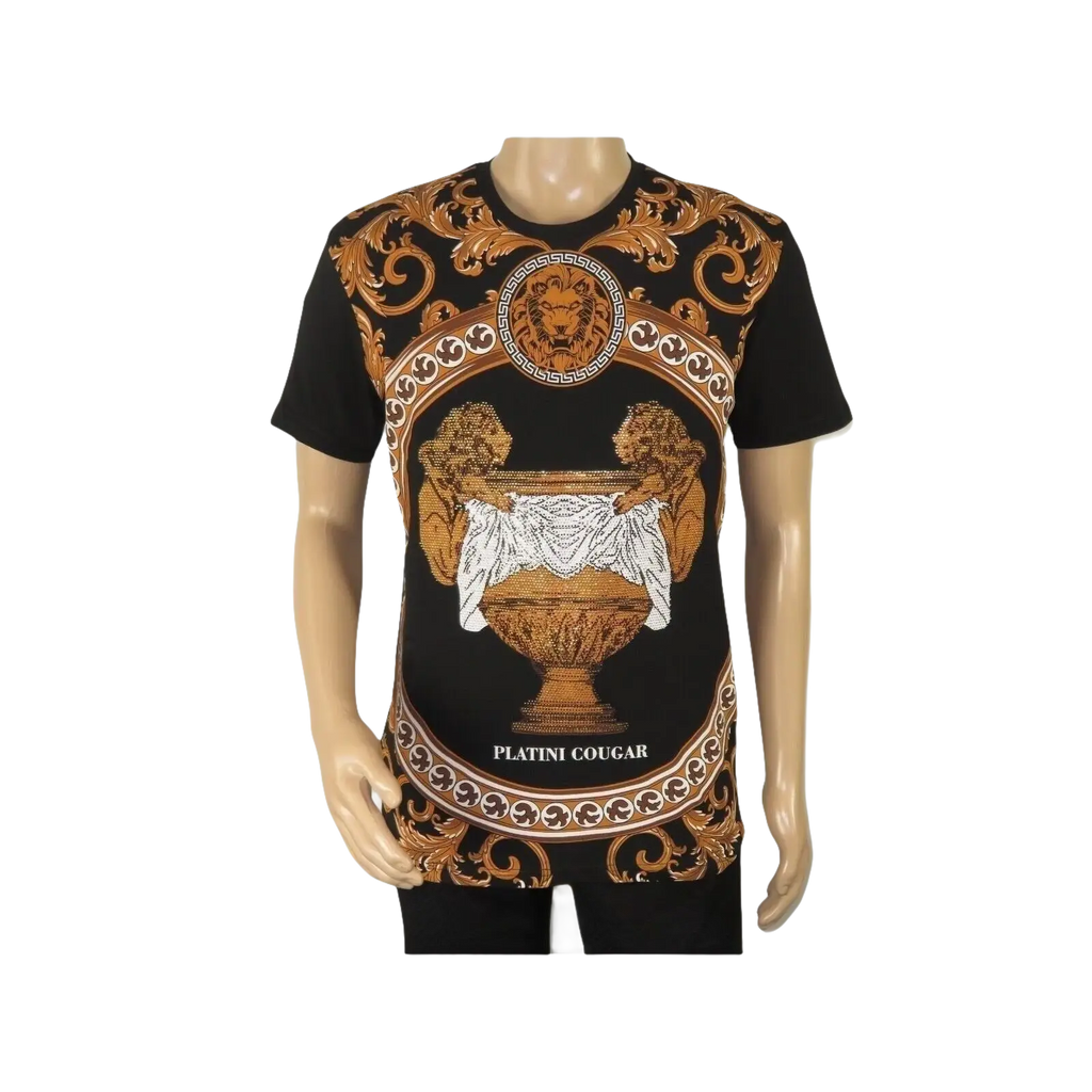 Mens PLATINI Sports Shirt With Rhine Stones Lion Medallion Chain SS3560 Black - J.Valintin Men's Wear Legend - 92040
