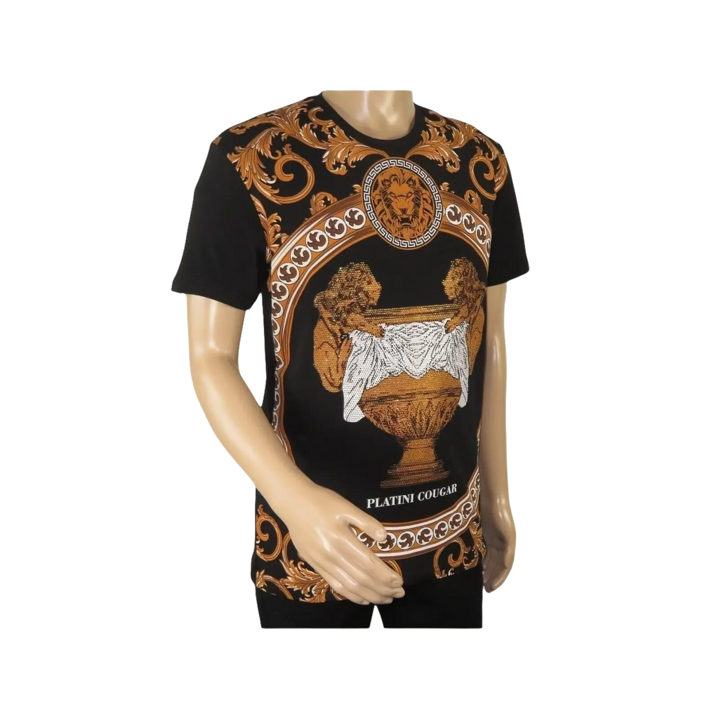 Mens PLATINI Sports Shirt With Rhine Stones Lion Medallion Chain SS3560 Black - J.Valintin Men's Wear Legend - 92040