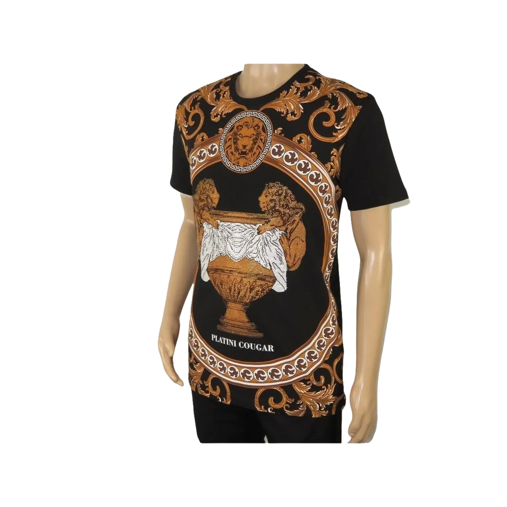 Mens PLATINI Sports Shirt With Rhine Stones Lion Medallion Chain SS3560 Black - J.Valintin Men's Wear Legend - 92040