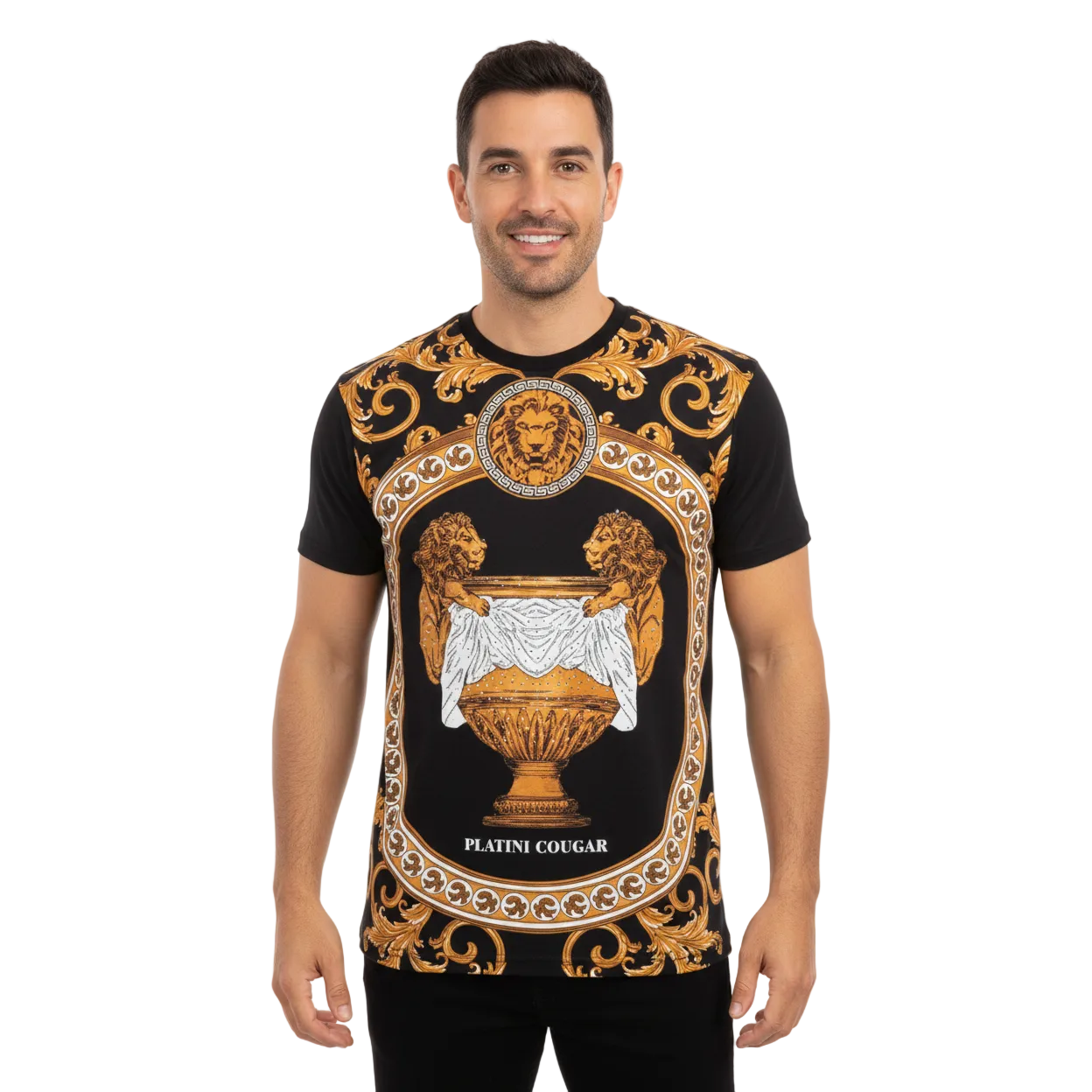 Mens PLATINI Sports Shirt With Rhine Stones Lion Medallion Chain SS3560 Black