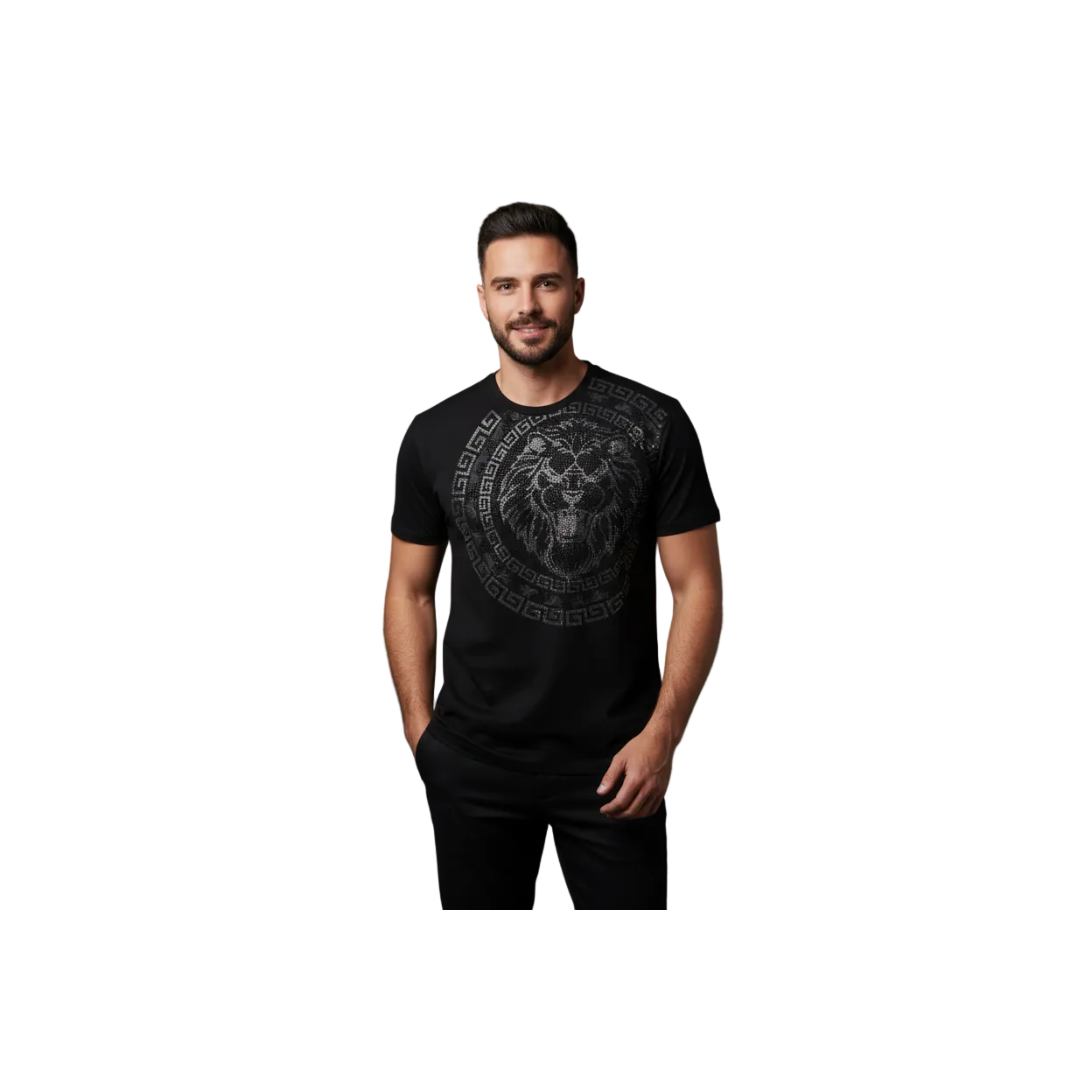 Mens PLATINI Sports Shirt With Rhine Stones Lion Medallion Chain SS3612 Black