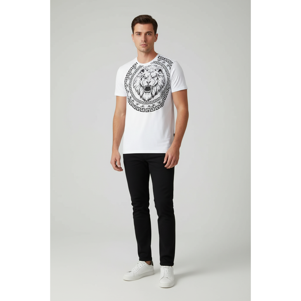 Mens PLATINI Sports Shirt With Rhine Stones Lion Medallion Chain SS3612 White