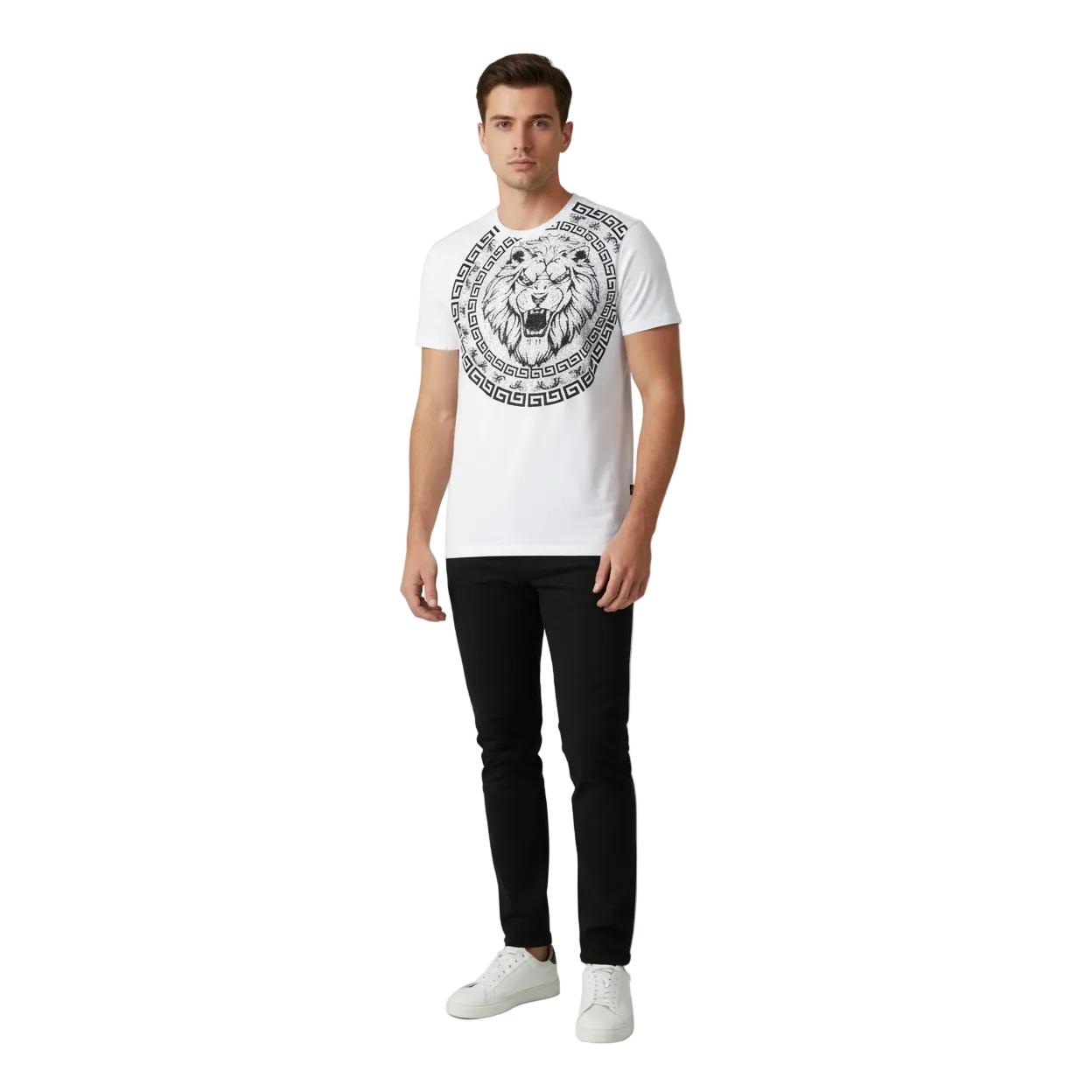 Mens PLATINI Sports Shirt With Rhine Stones Lion Medallion Chain SS3612 White