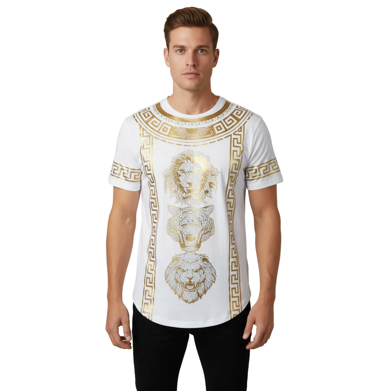 Mens PLATINI Sports Shirt With Rhine Stones Lion Medallion Chain SS3614 White