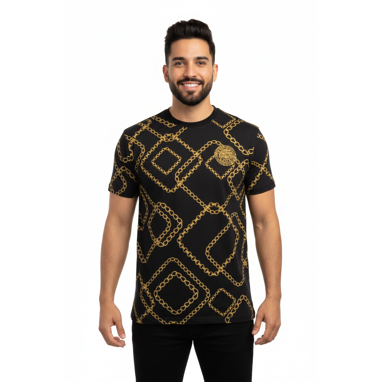 Mens PLATINI Sports Shirt With Rhine Stones Medallion Chain STT7626 Black Gold