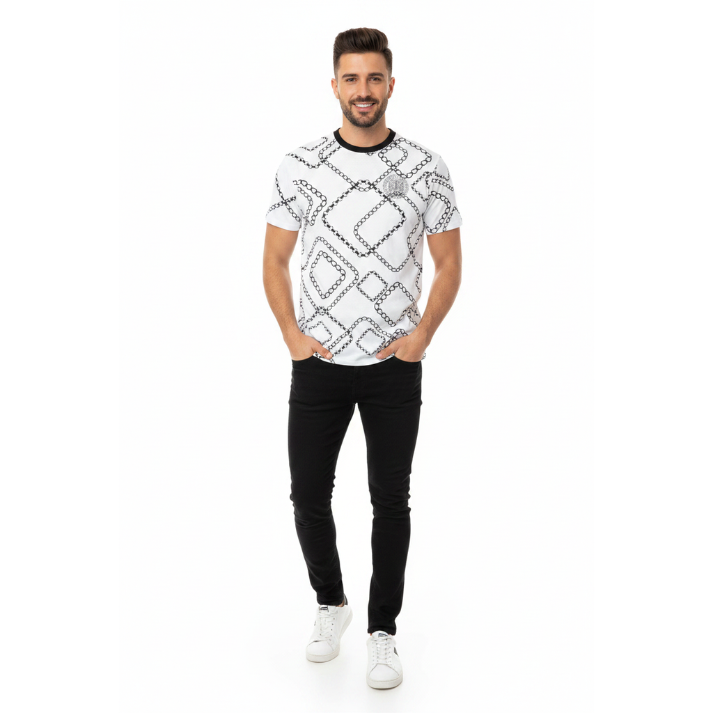 Mens PLATINI Sports Shirt With Rhine Stones Medallion Chain STT7794 White Black