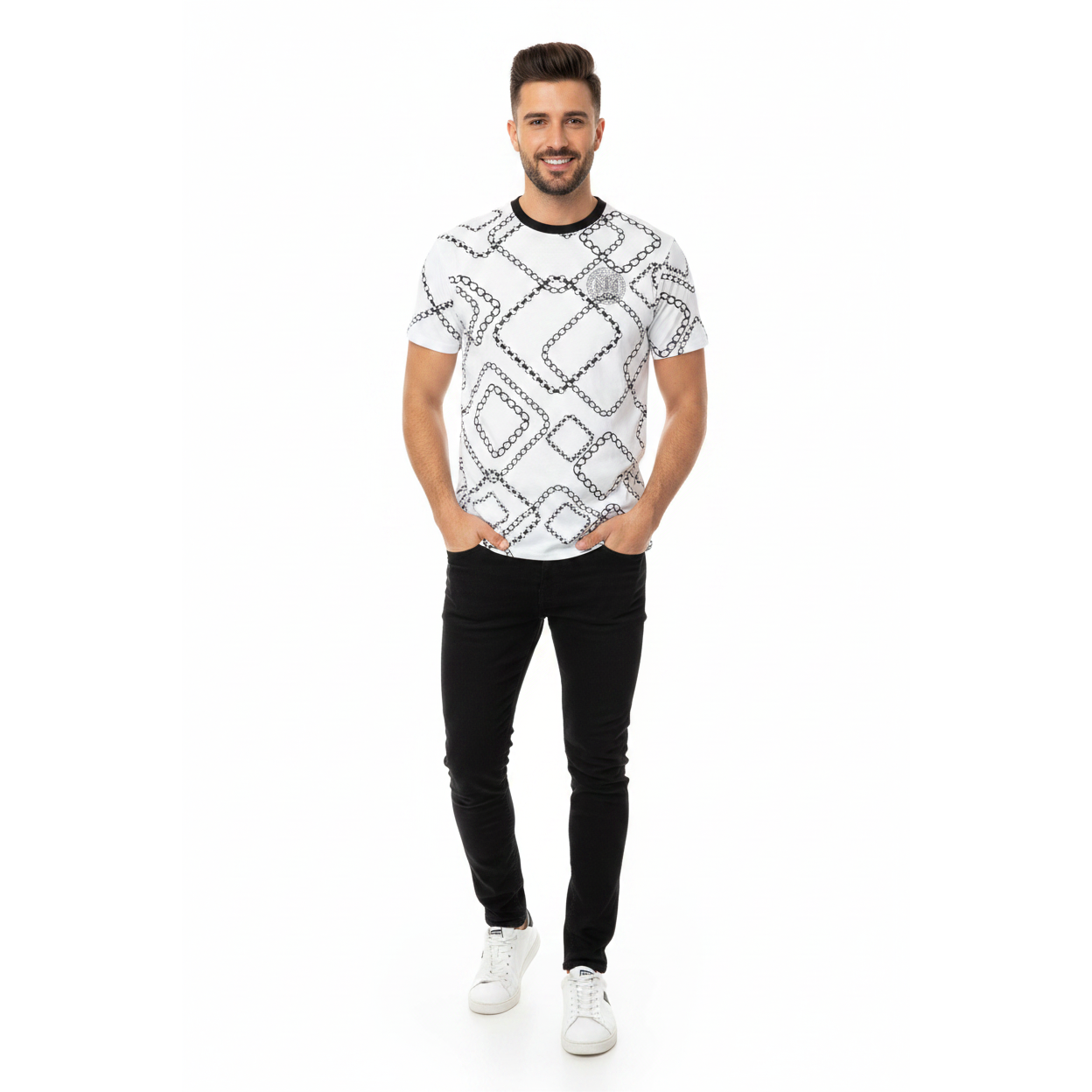 Mens PLATINI Sports Shirt With Rhine Stones Medallion Chain STT7794 White Black