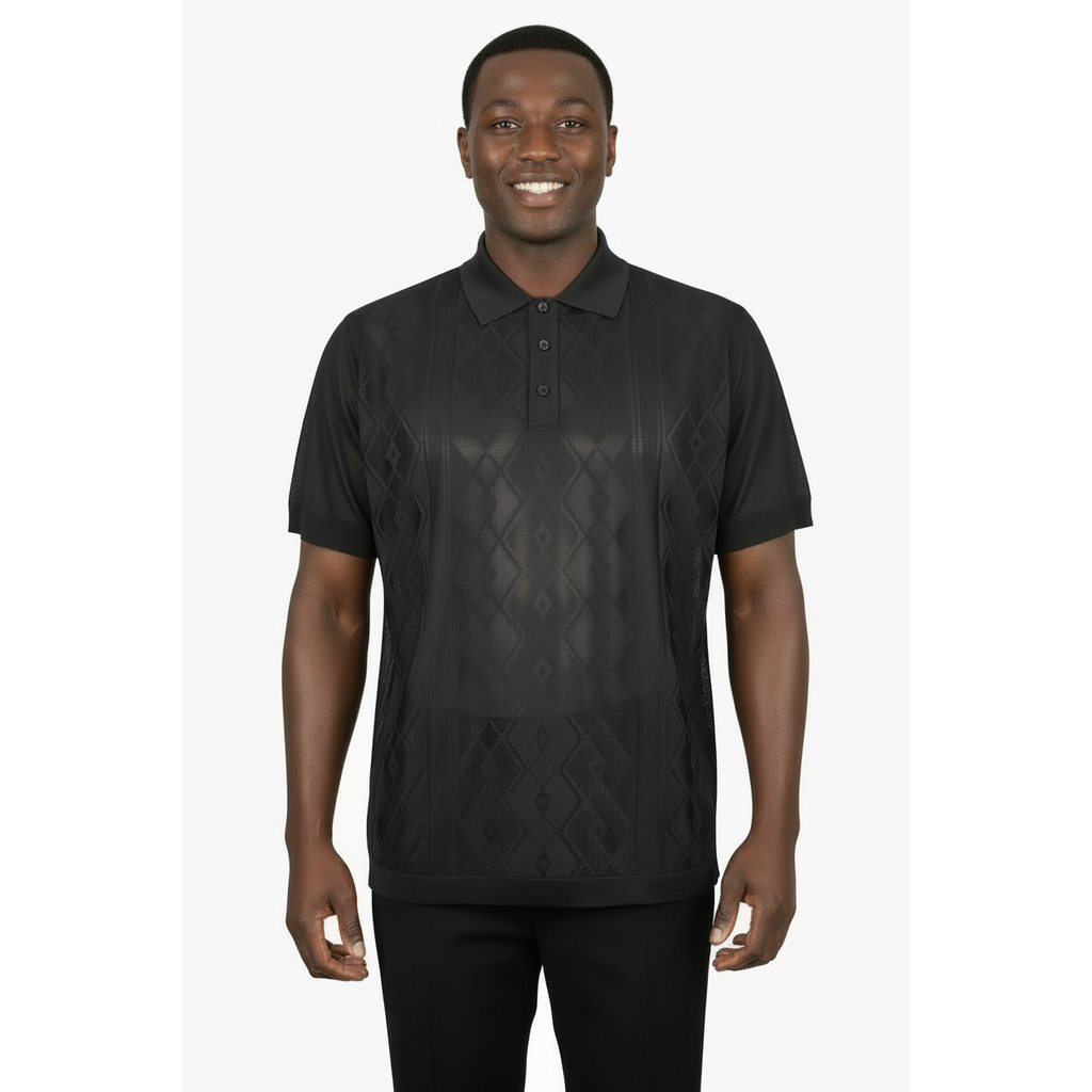 Mens Polo Shirt Slinky Sheer Short Sleeves Soft Touch by Stacy Adams 57007 black