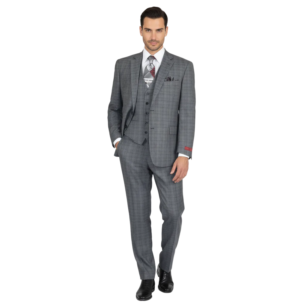 Mens Renoir  3 Piece Vested Suit Glen Plaid Notch Lapel Business 278-1 Gray New