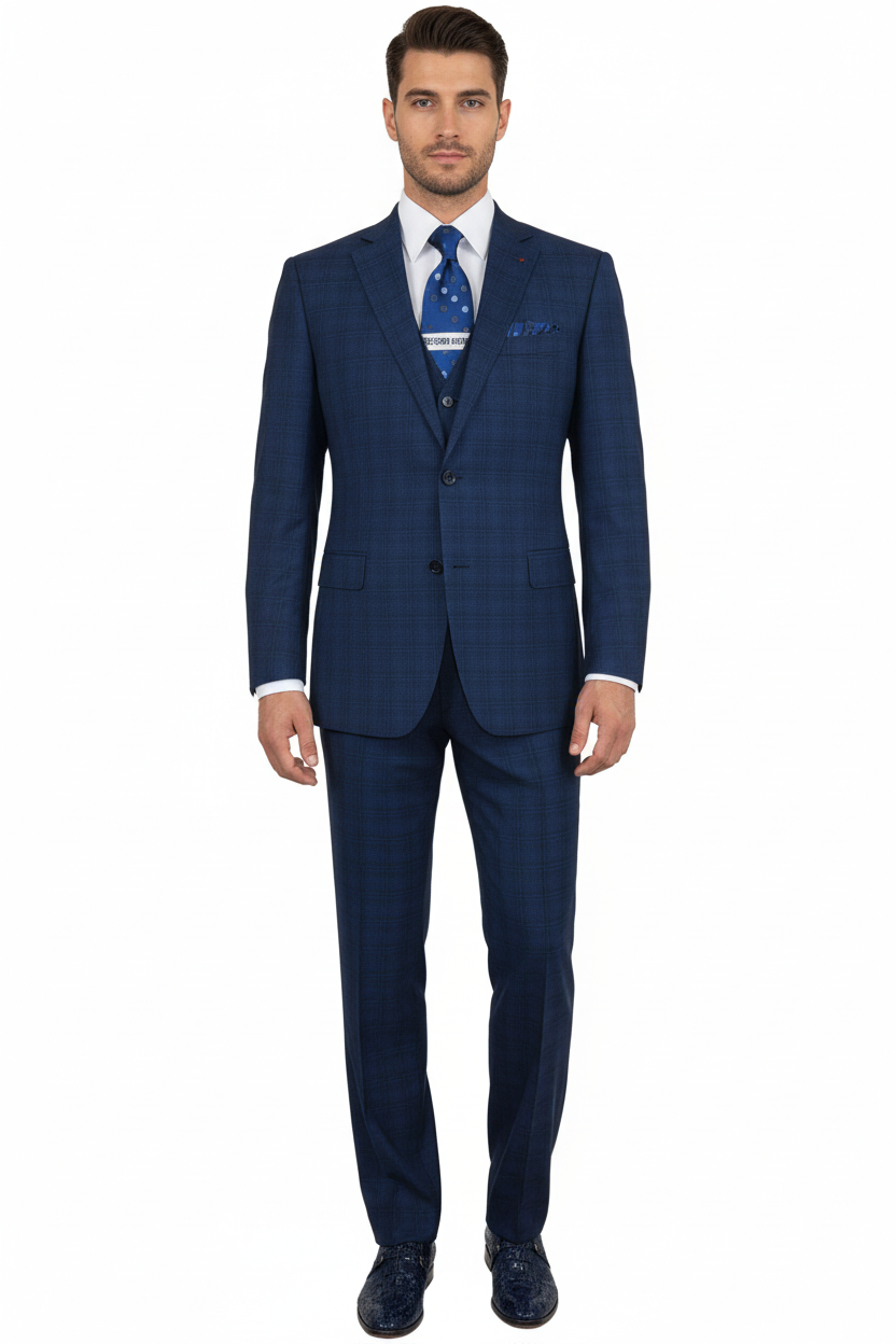 Mens Renoir 3 Piece Vested Suit Glenn Plaid Notch Lapel Business 278-2 Navy Blue