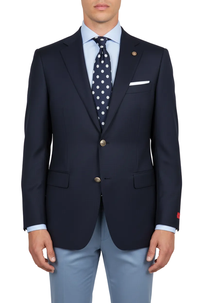 Men's RENOIR Classic Blazer 100% Wool Side vents Metal Buttons Notch 509-2 Navy