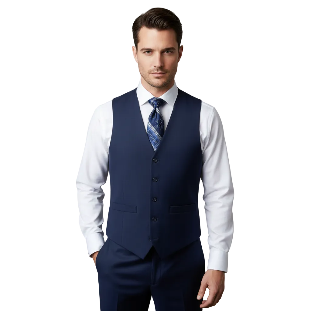 Men's RENOIR Vest Wool 140's Adjustable, Two Pockets 508-19 Navy Blue