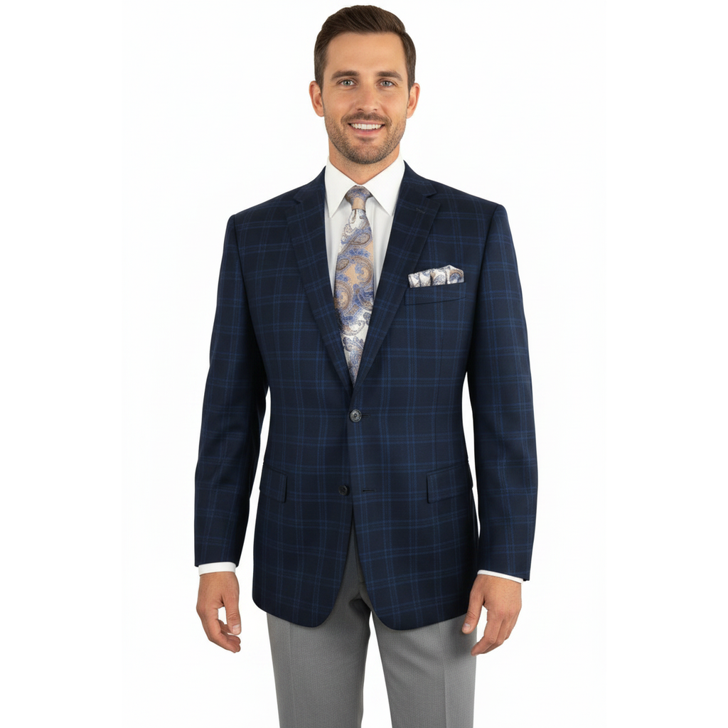 Men's Soft Wool Cashmere Sport Coat English Plaid Window Pane 556-11 Navy Renoir
