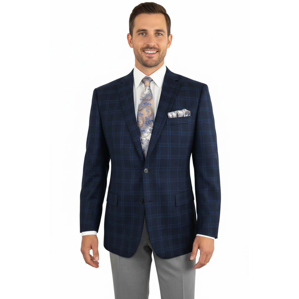 Men's Soft Wool Cashmere Sport Coat English Plaid Window Pane 556-11 Navy Renoir