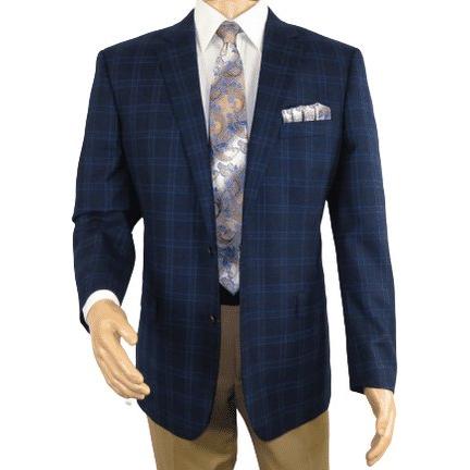 Men's Soft Wool Cashmere Sport Coat English Plaid Window Pane 556 - 11 Navy Renoir - J.Valintin Men's Wear Legend - 92568