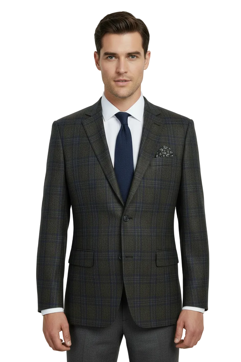 Men's Soft Wool Sport Coat English Plaid Window Pane 556-9 Brown Blue Renoir