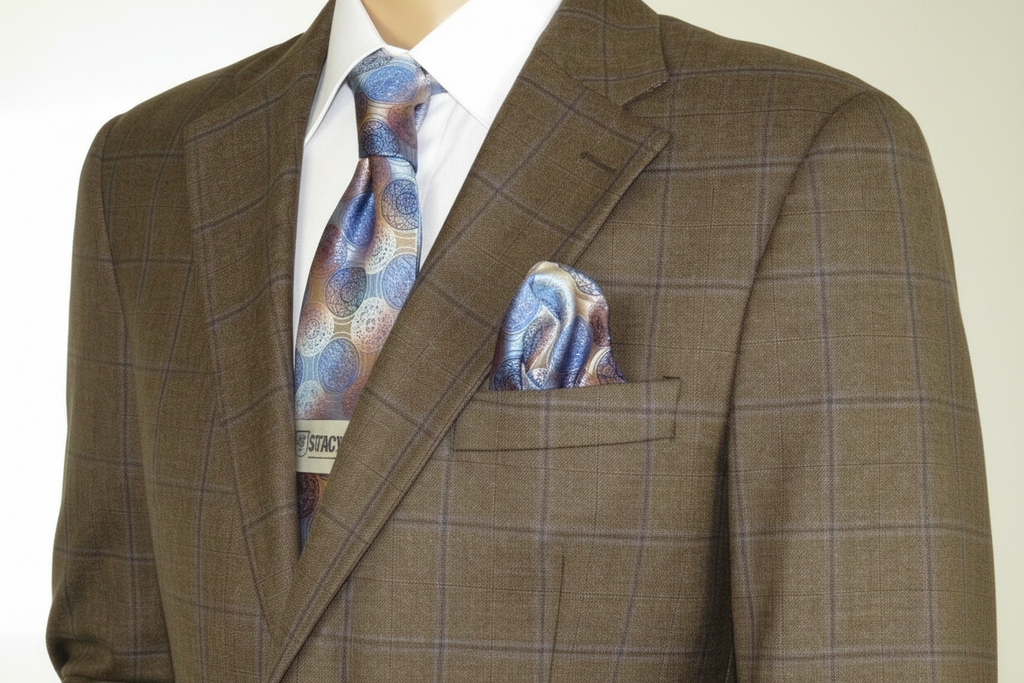 Mens sport Coat APOLLO KING Window Pane 100% Wool super 150's C14 Brown Coffee