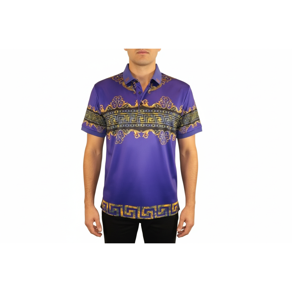 Men's Sports Polo Shirt Barocco Fashion Printed Short Sleeves Soft BSP612 Indigo