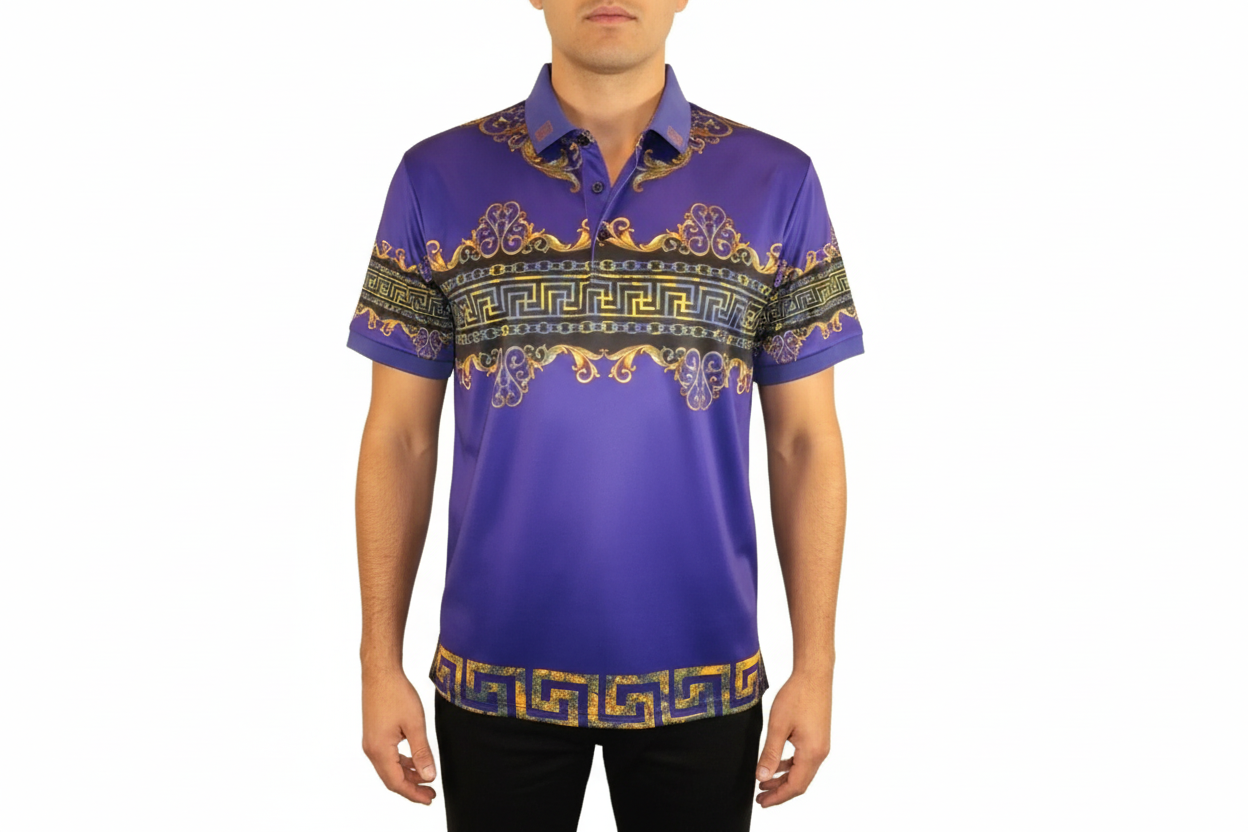 Men's Sports Polo Shirt Barocco Fashion Printed Short Sleeves Soft BSP612 Indigo