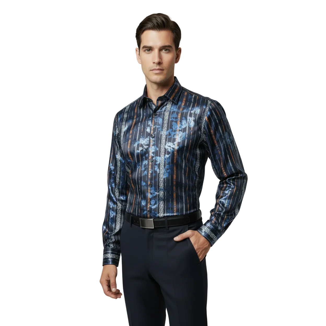 Men's Sports Shirt By Barocco Fashion Printed Long Sleeves Soft Feel EFS60 Navy