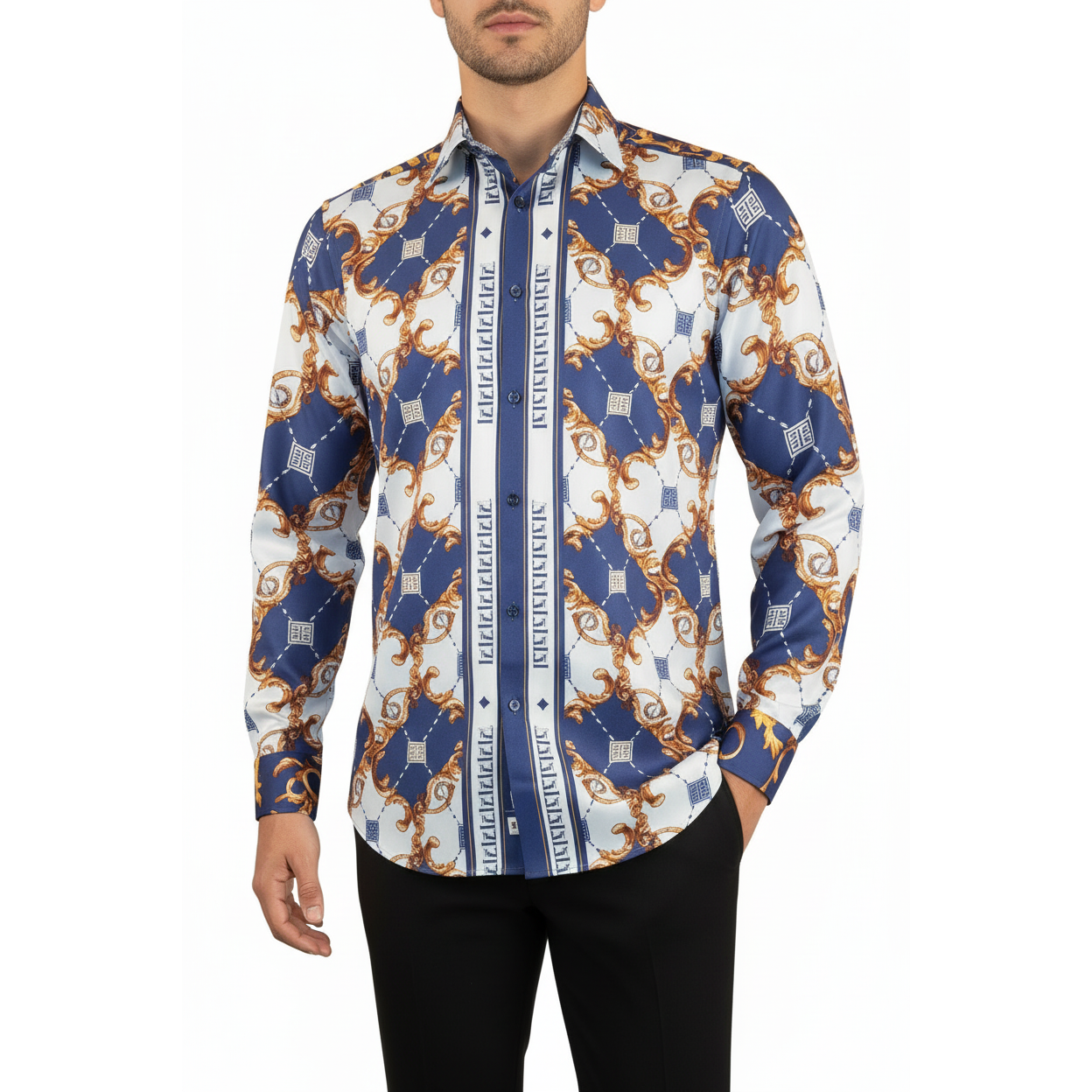 Men's Sports Shirt By Barocco Fashion Printed Long Sleeves Soft Feel ERS401 Blue