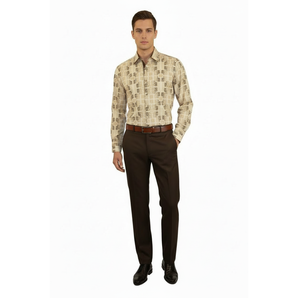 Mens Sports Shirt by DE-NIKO Long Sleeves Fashion Prints Soft Modal NK600 Khaki