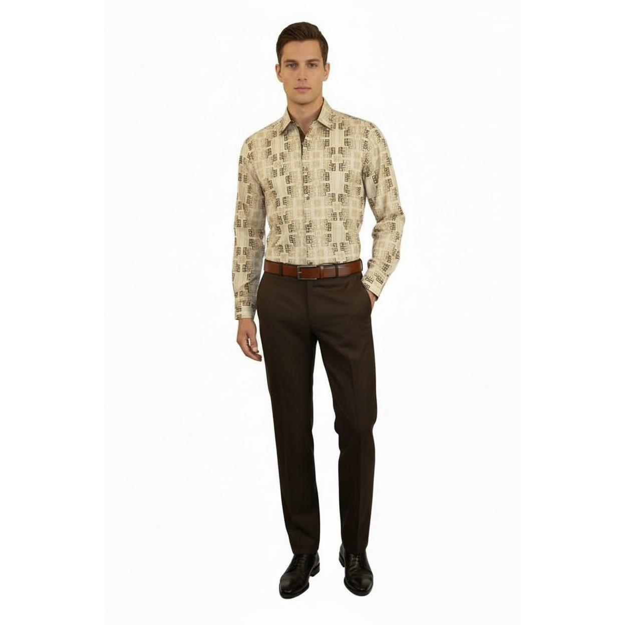 Mens Sports Shirt by DE-NIKO Long Sleeves Fashion Prints Soft Modal NK600 Khaki