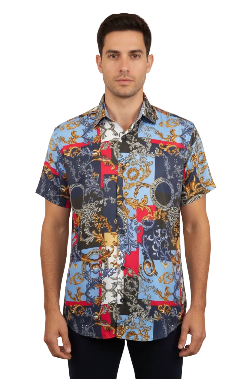 Men's Sports Shirt by MIZUMI Medallion Floral Printed Short Sleeves M647 Blue