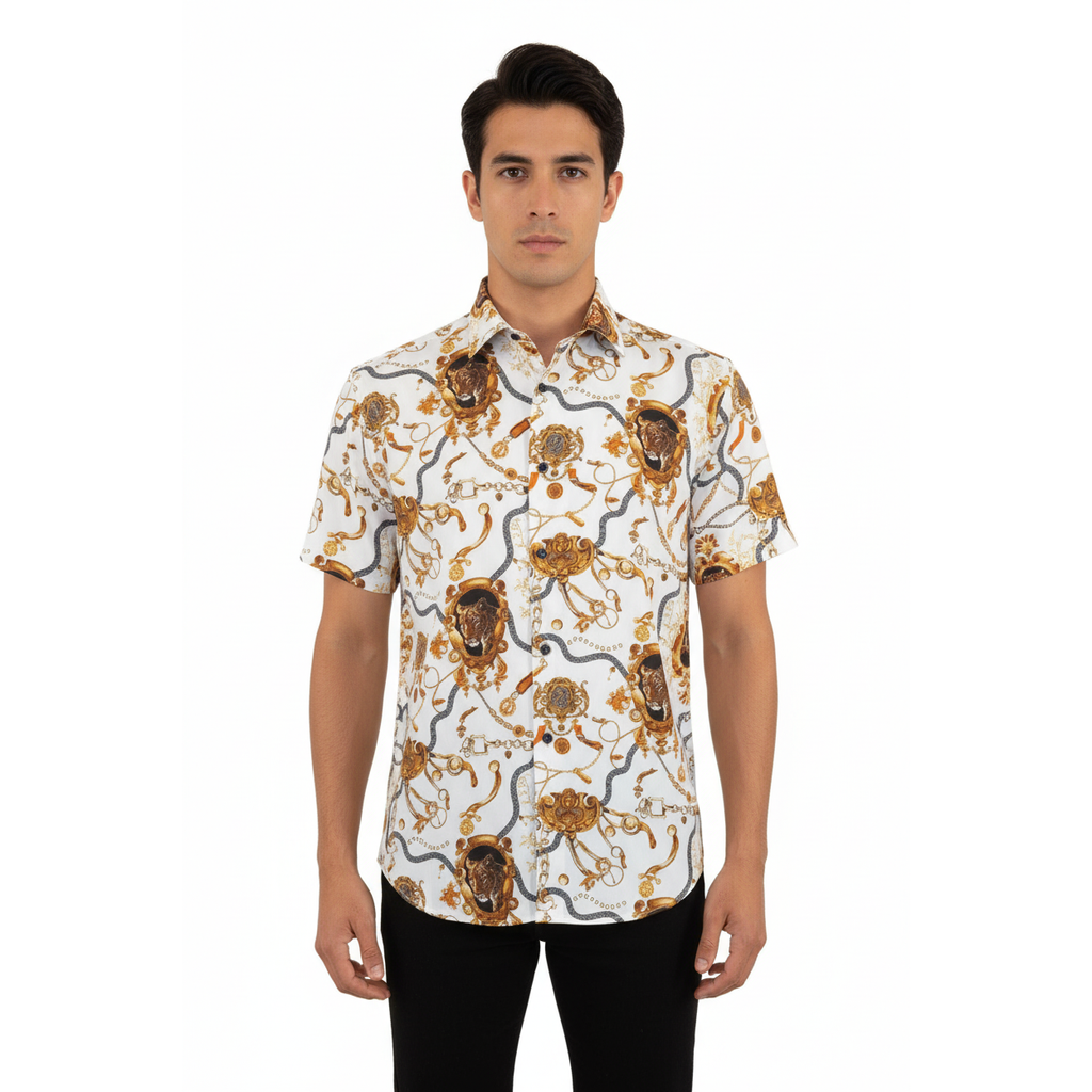 Men's Sports Shirt by MIZUMI Medallion Floral Printed Short Sleeves M648 White