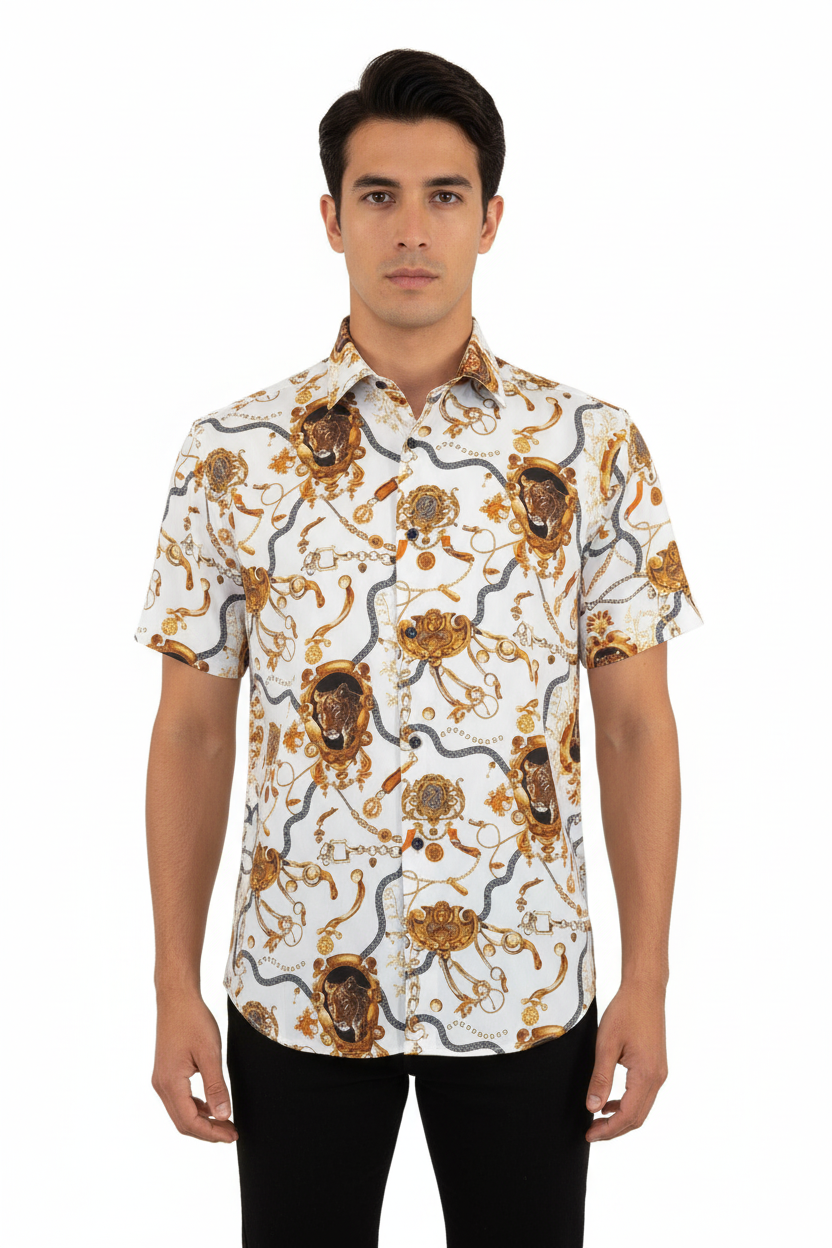 Men's Sports Shirt by MIZUMI Medallion Floral Printed Short Sleeves M648 White