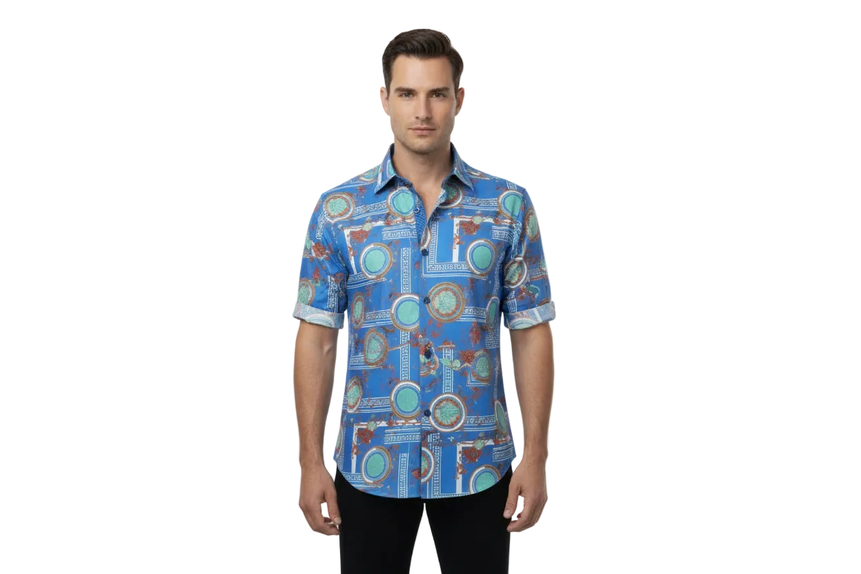 Men's Sports Shirt by MIZUMI Medallion Printed Soft Feel Short Sleeves M646 Blue