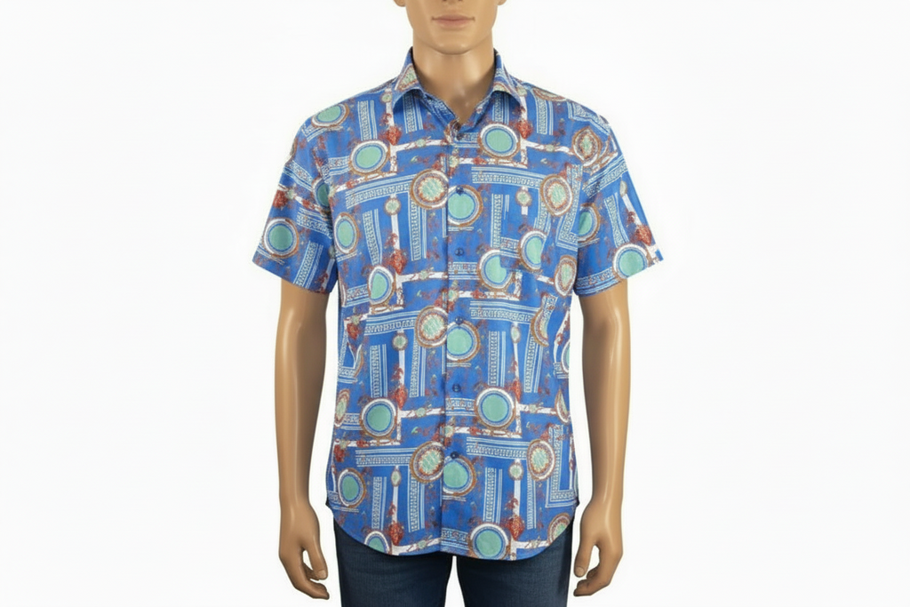 Men's Sports Shirt by MIZUMI Medallion Printed Soft Feel Short Sleeves M646 Blue