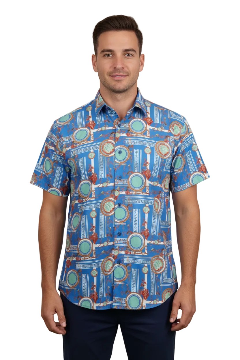 Men's Sports Shirt by MIZUMI Medallion Printed Soft Feel Short Sleeves M646 Blue