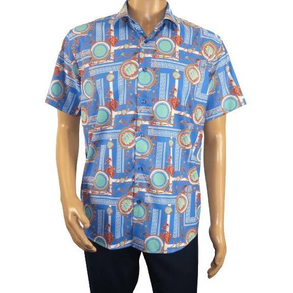 Men's Sports Shirt by MIZUMI Medallion Printed Soft Feel Short Sleeves M646 Blue - J.Valintin Men's Wear Legend - 99150