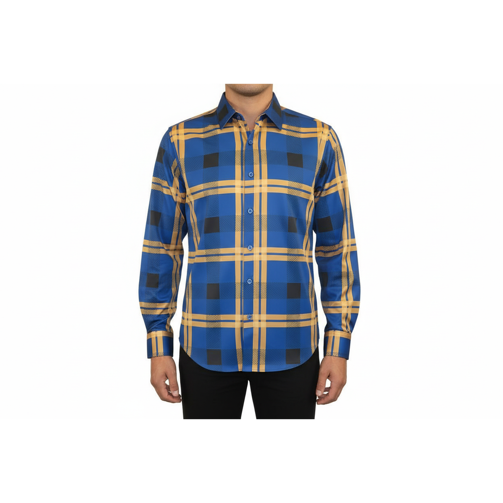 Men's Sports Shirt By Moderno Plaid Fancy Silky Long Sleeves MJLS-810 Navy Blue