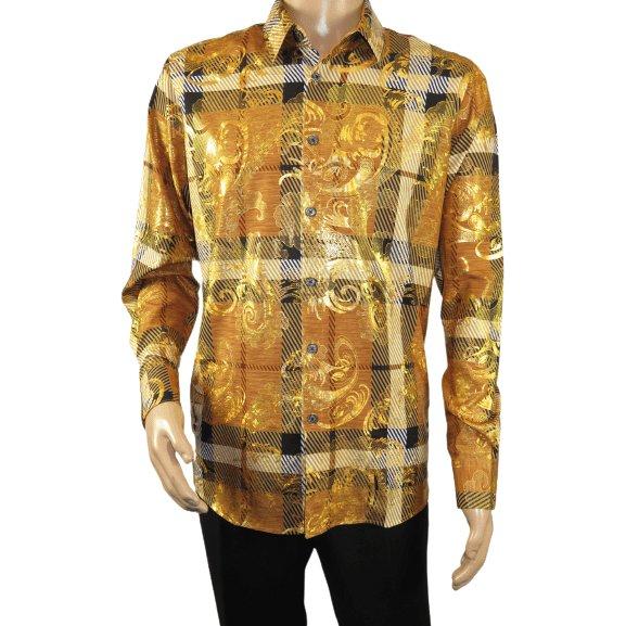 Mens Stacy Adams Fancy Foil Metallic Print Sports Shirt Stage Singer 4943 Brown - J.Valintin Men's Wear Legend - 97789