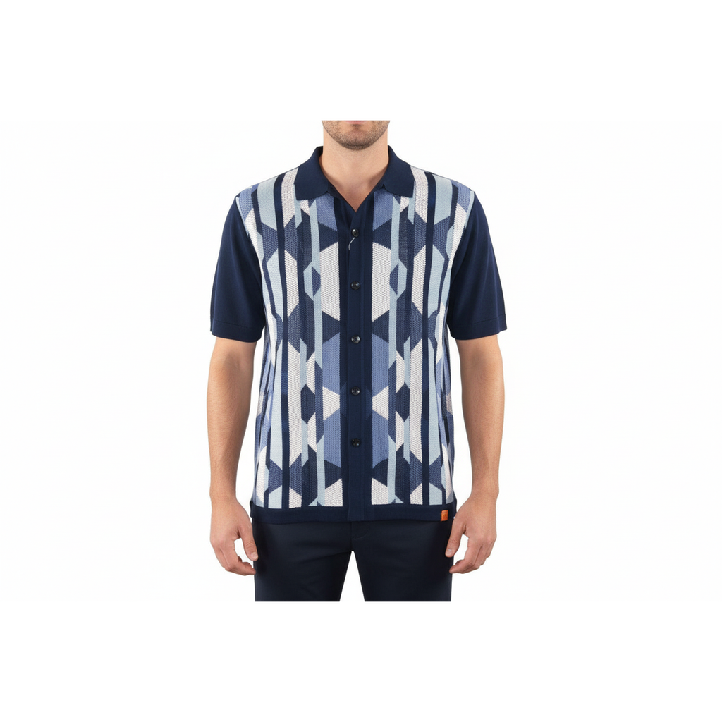 Mens Stacy Adams Italian Style Knit Woven Shirt Short Sleeves 3117 Navy Blue