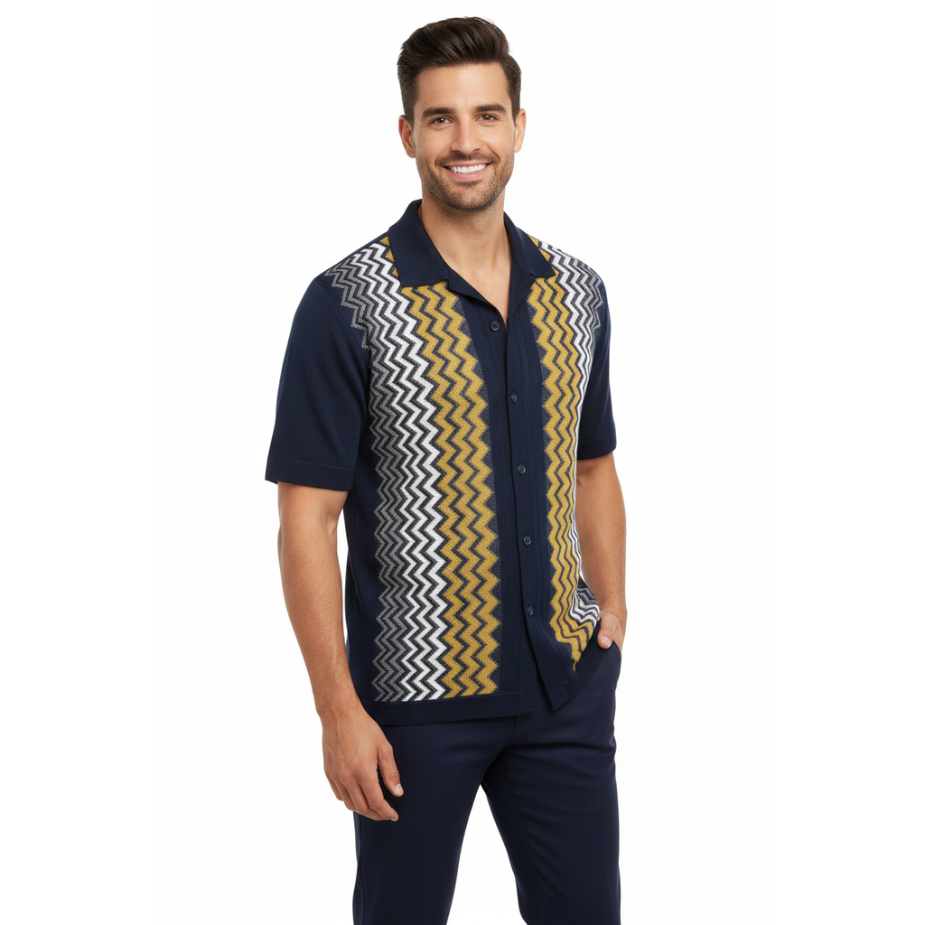 Mens Stacy Adams Italian Style Knit Woven Shirt Short Sleeves 3118 Navy Blue