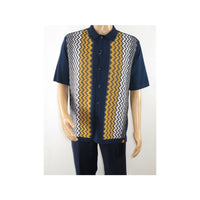 Mens Stacy Adams Italian Style Knit Woven Shirt Short Sleeves 3118 Navy Blue - J.Valintin Men's Wear Legend - 94858