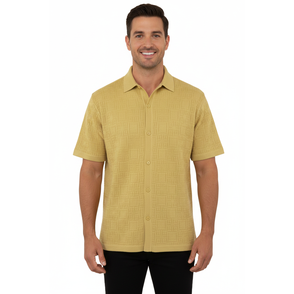 Mens Stacy Adams Italian Style Knit Woven Shirt Short Sleeves 3128 Honey Beige