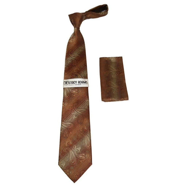 Men's Stacy Adams Necktie and Hankie Set Fancy Design Silky Look SAT41 Brown - J.Valintin Men's Wear Legend - sat41