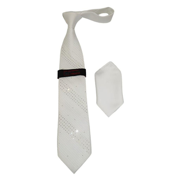 Mens Steven Land Density 100% Silk Crystal Pleated Tie/Hankie CRP31 - 02 White - J.Valintin Men's Wear Legend - CRP31 - 02