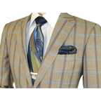 Mens Suit by RENOIR English Plaid Window Pane European Business 291 - 5 Beige blue - J.Valintin Men's Wear Legend - 32127