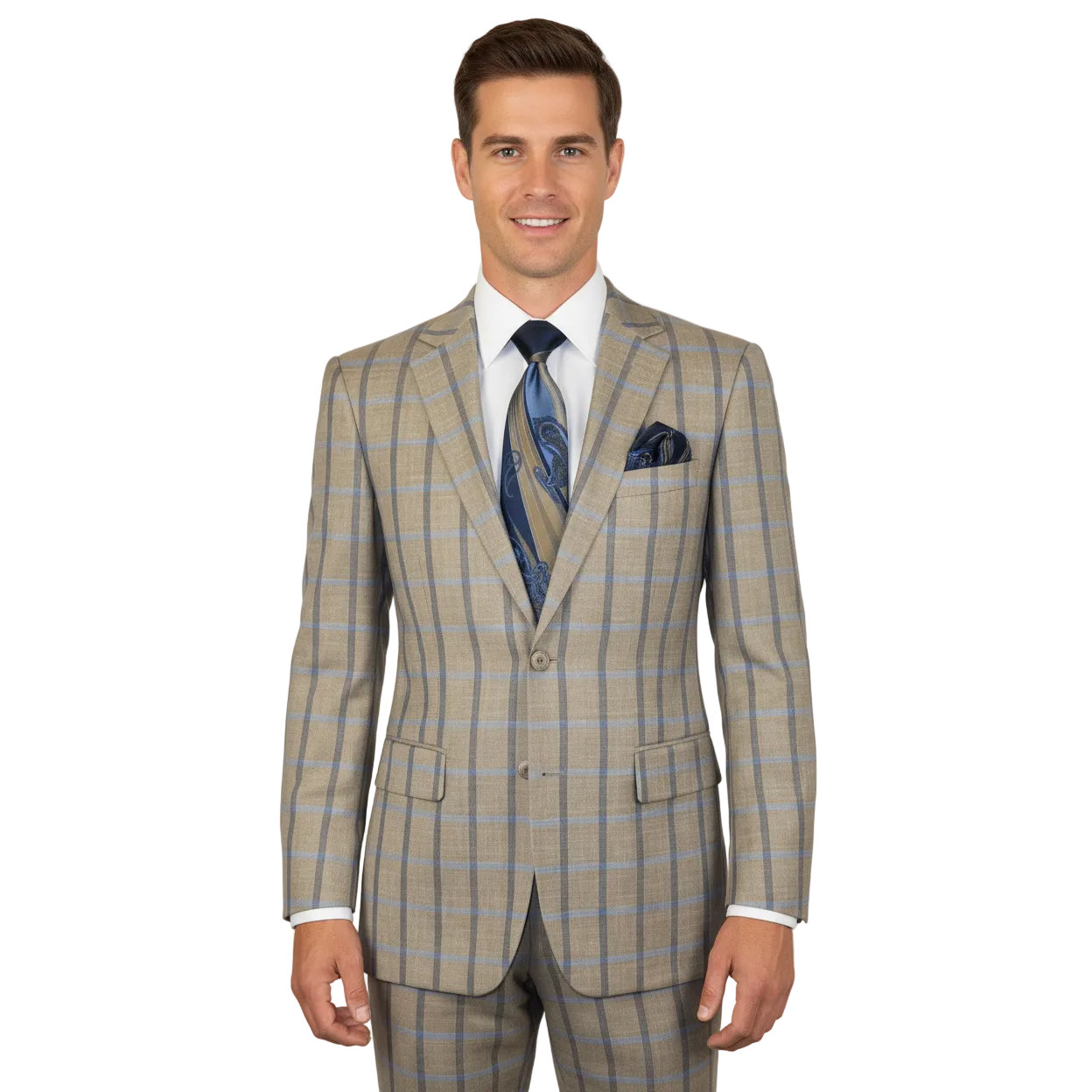 Mens Suit by RENOIR English Plaid Window Pane European Business 291-5 Beige blue