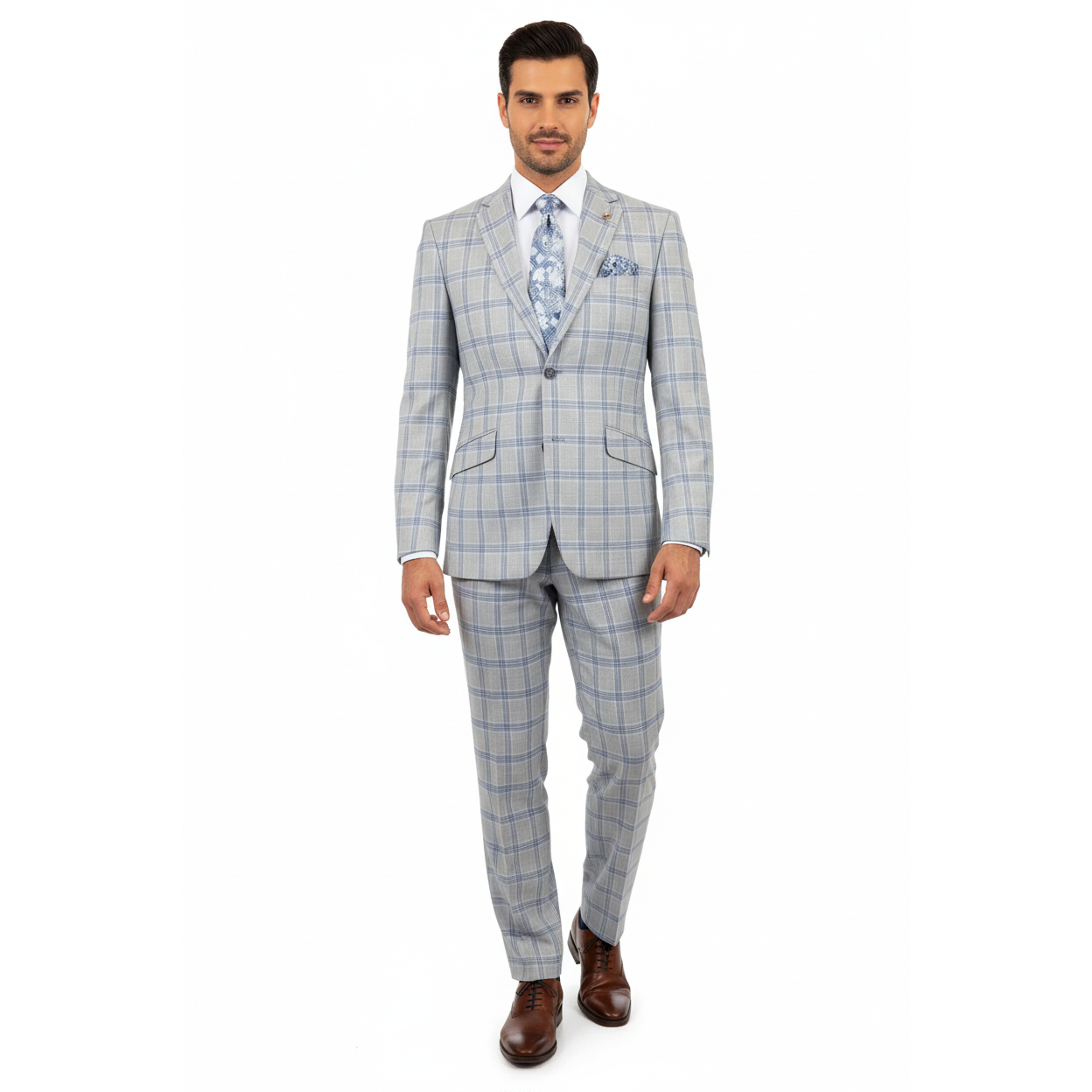 Mens Suit RENOIR English Plaid Window Pane Stretch Comfort Slim Fit 293-15 Gray
