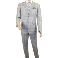 Mens Suit RENOIR English Plaid Window Pane Stretch Comfort Slim Fit 293 - 15 Gray - J.Valintin Men's Wear Legend - 293 - 15 Gray - 38S