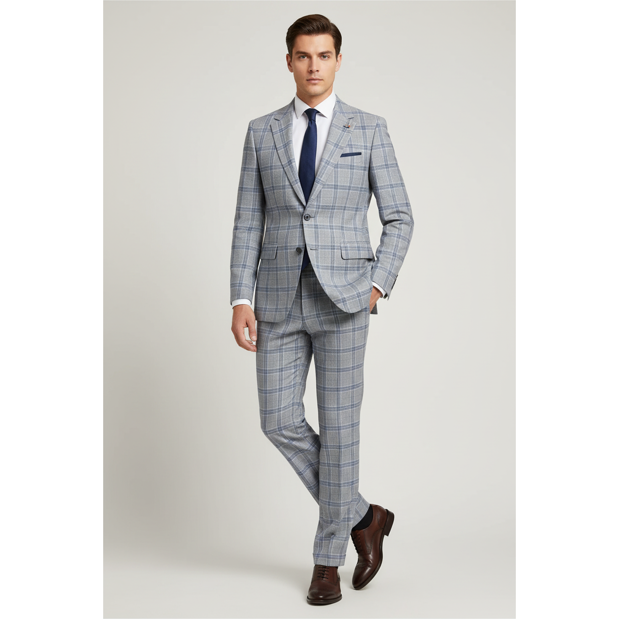 Mens Suit RENOIR English Plaid Window Pane Stretch Comfort Slim Fit 293-15 Gray